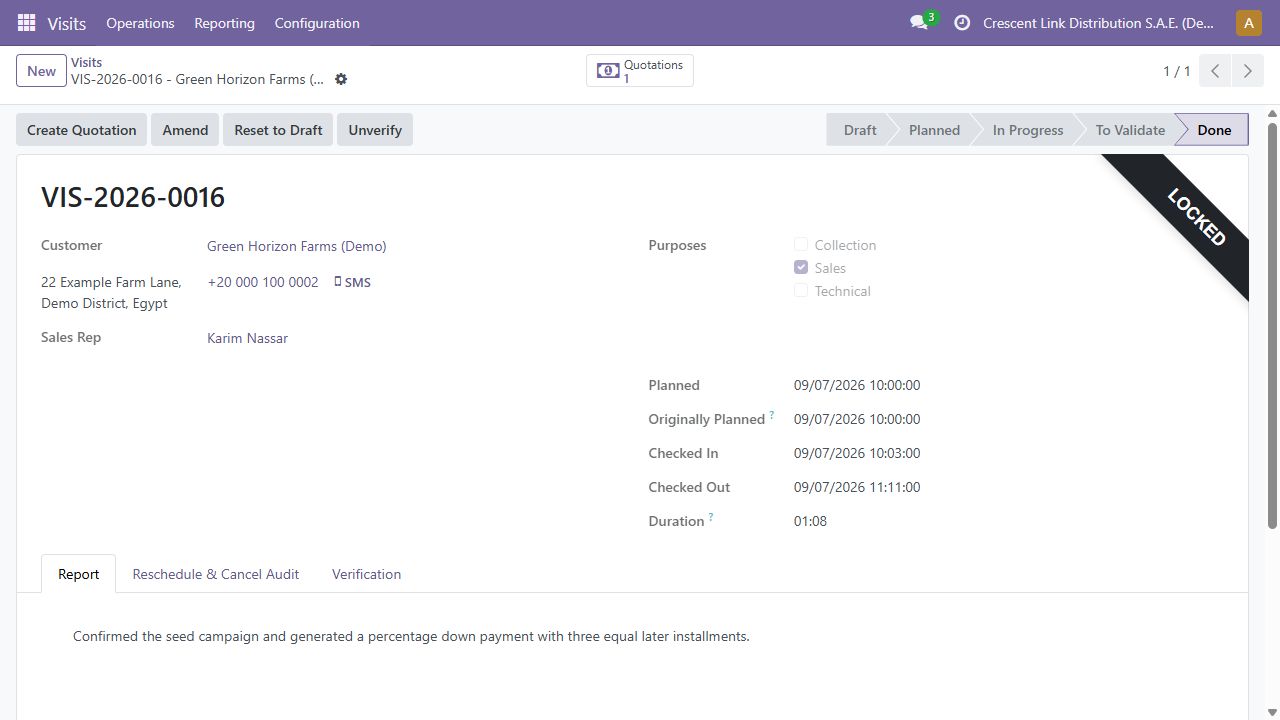 Fictional demo data. A manager-verified visit with times, report and linked quotation.